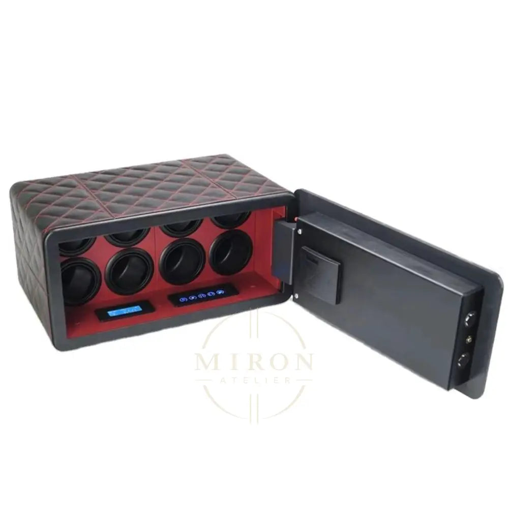 Black quilted watch winder with open lid on a white background