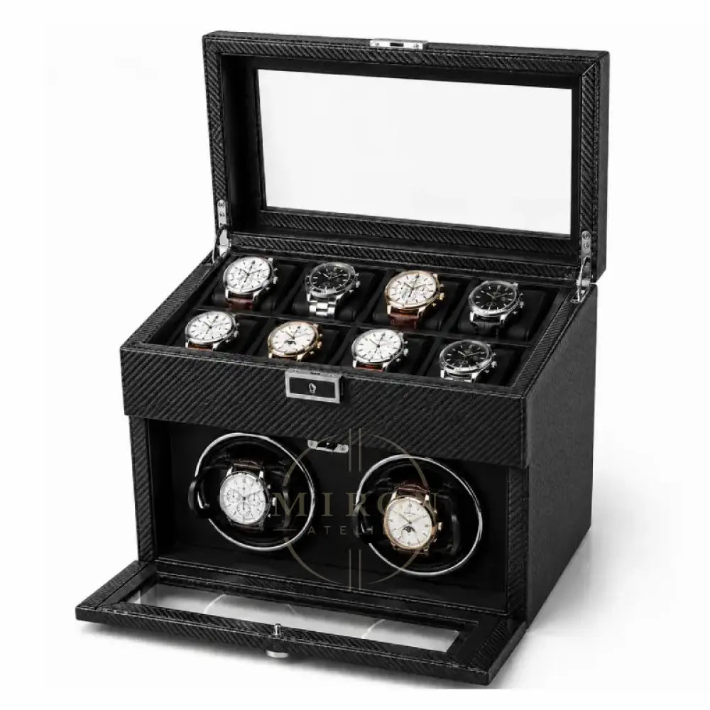 Black carbon watch winder box with ten watches on a white background