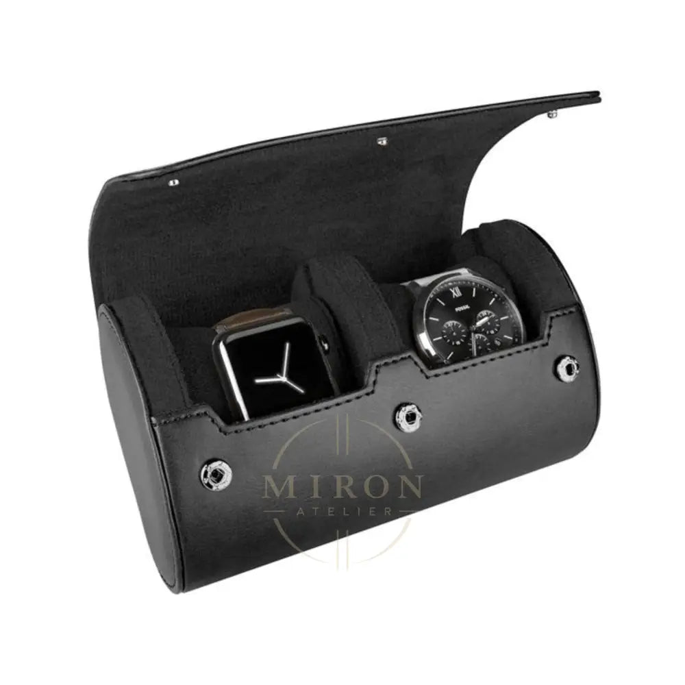 Black leather watch case with two watches inside on a white background