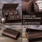 A 4-panel collage showing a brown leather watch travel case, including closed views, an open view with six watch slots holding watches, a close-up of the interior lining, and marketing text that reads '6 WATCH CASE FOR TRAVEL STORAGE' and 'An ideal choice for storing your valuable watch when you travel.'.