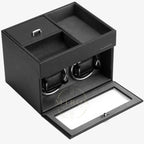 Black watch winder with two rotating watches on a white background