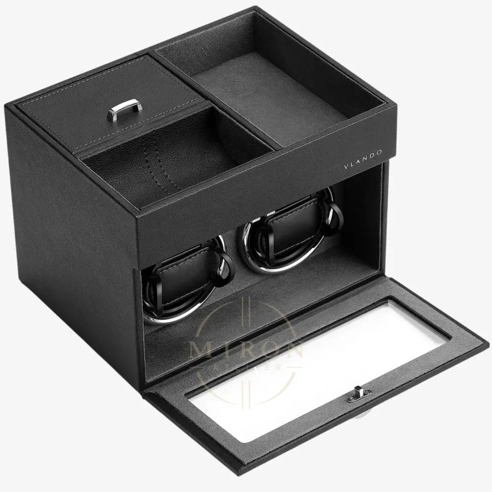 Black watch winder with two rotating watches on a white background