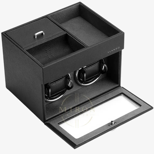 Black watch winder with two rotating watches on a white background