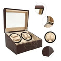 Brown watch winder box with beige interior, showing details on a white background