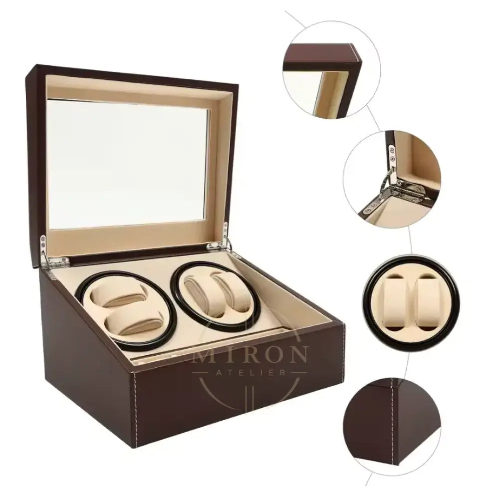 Brown watch winder box with beige interior, showing details on a white background