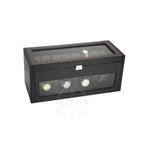 Black watch box with four watch faces on a white background
