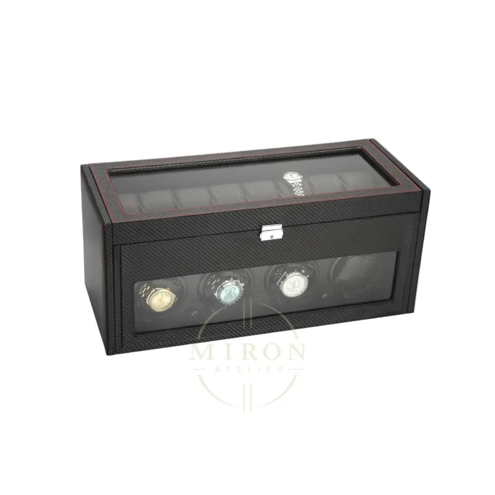 Black watch box with four watch faces on a white background