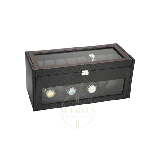 Black watch box with four watch faces on a white background