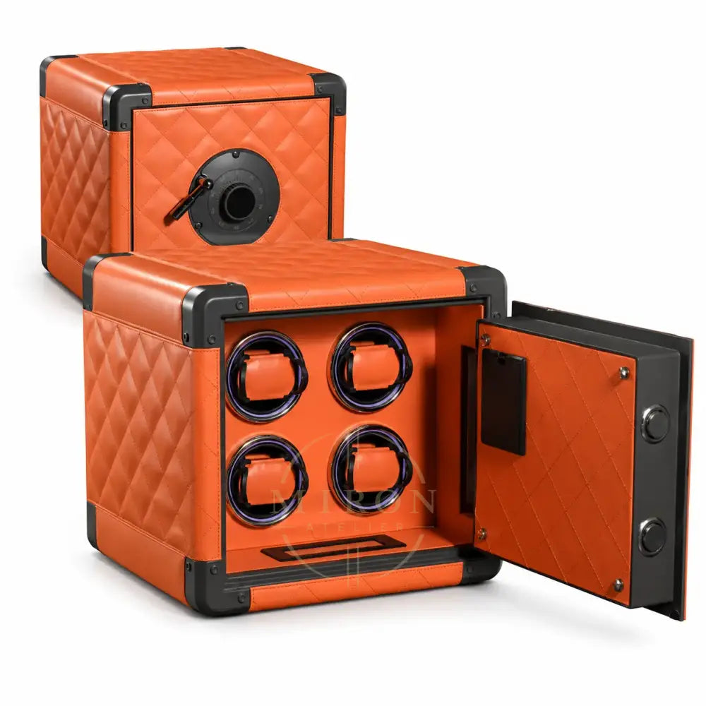 Orange leather watch winder safe with open door. Brand of the watch winder : Miron Atelier