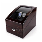 Wooden watch winder large box with two watches on a white background
