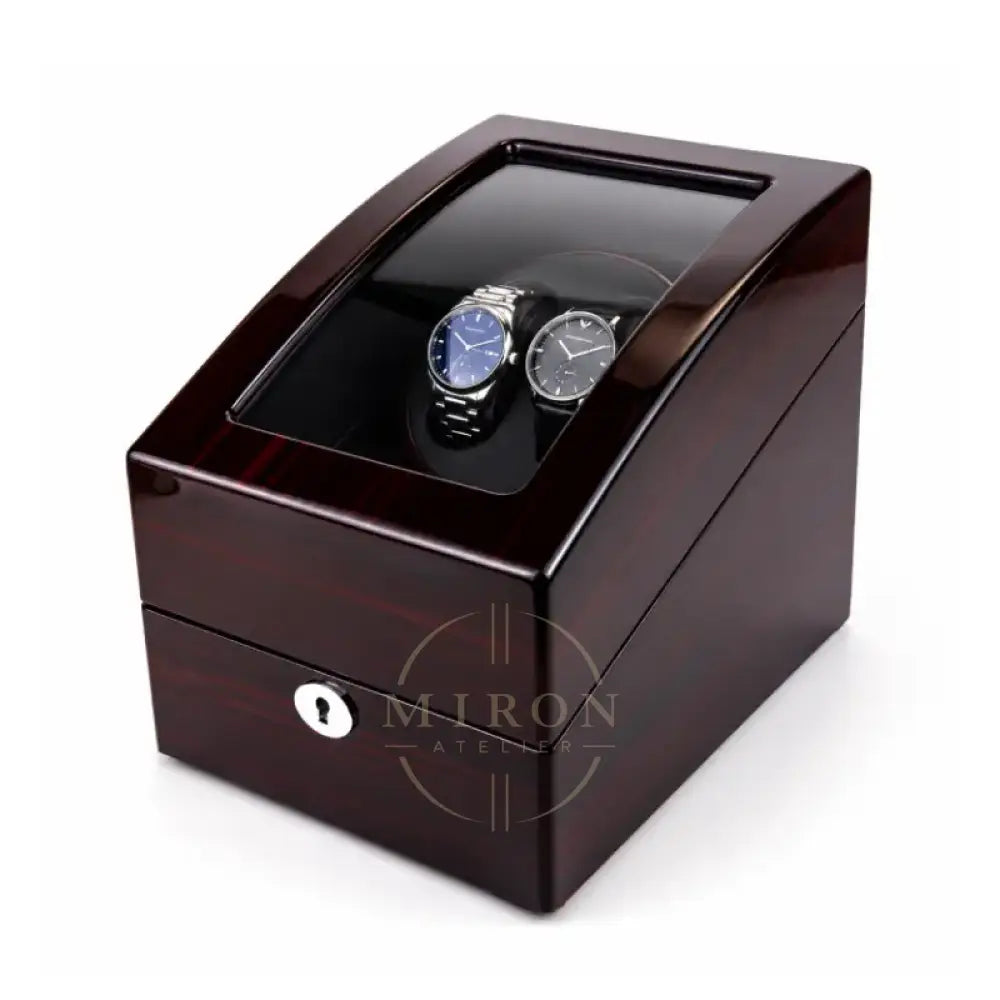 Wooden watch winder large box with two watches on a white background