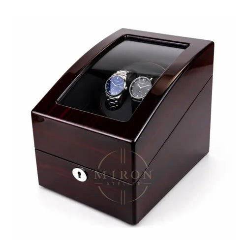 Wooden watch winder large box with two watches on a white background