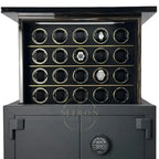 Black watch winder with 20 slots for luxury collection of watches on a white background