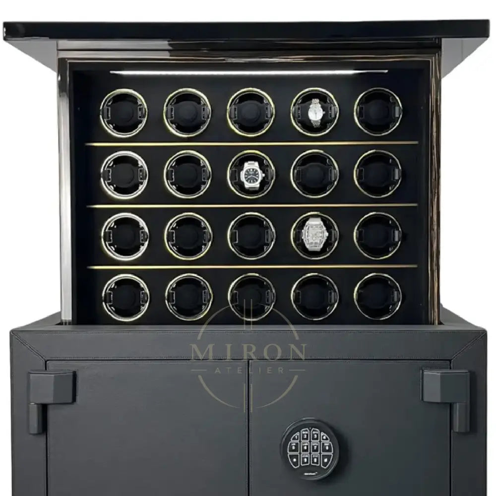 Black watch winder with 20 slots for luxury collection of watches on a white background