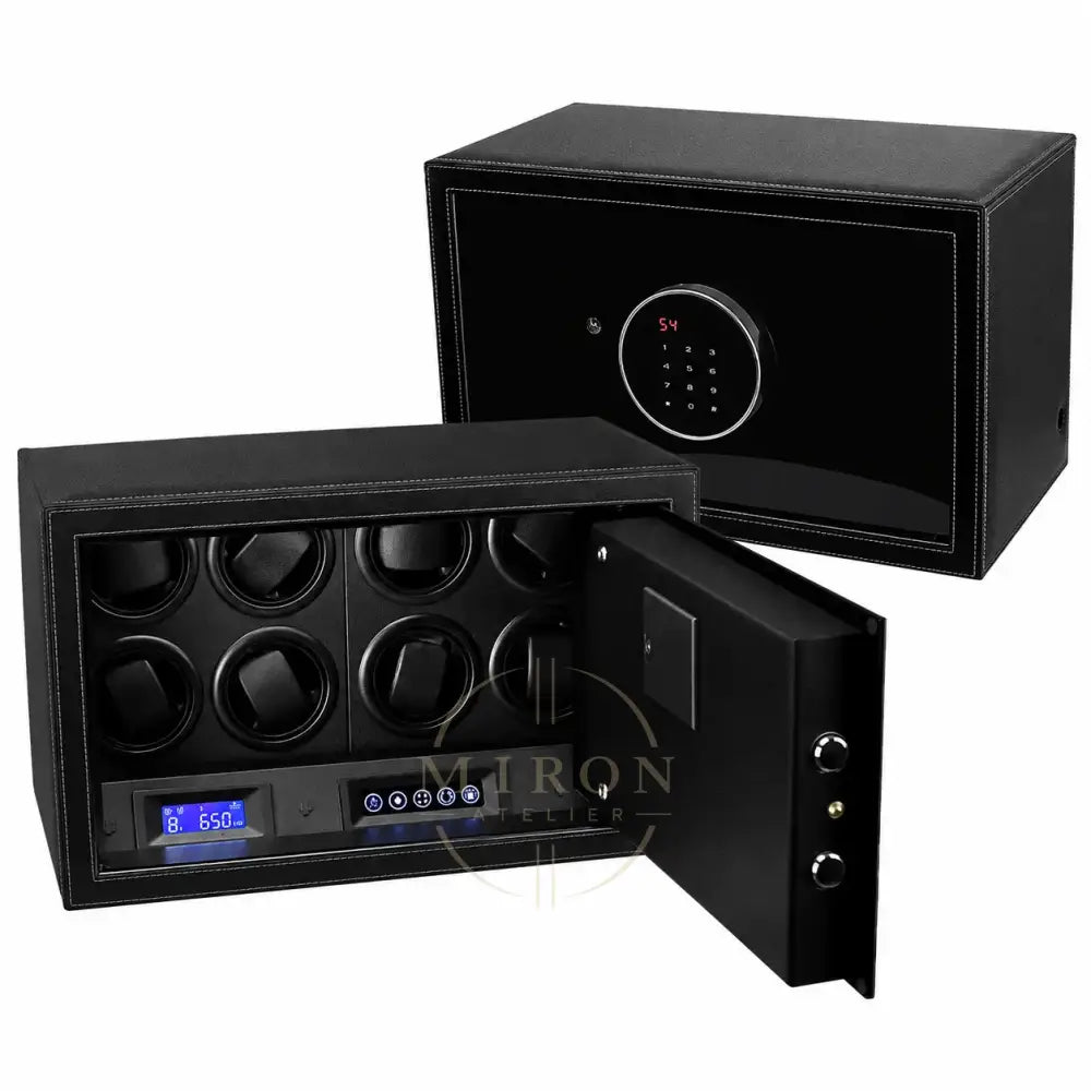 Black Miron Atelier watch winder with digital display and lock on a white background