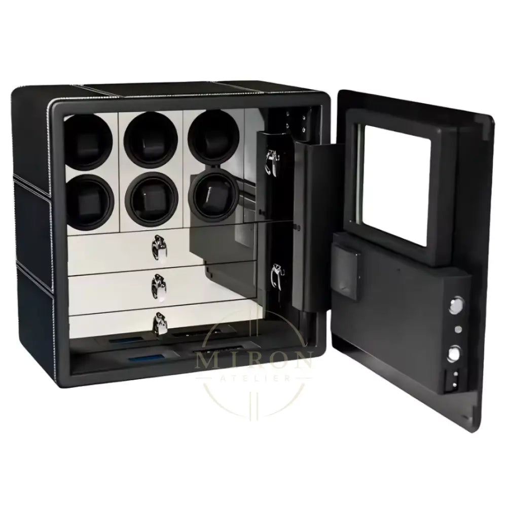 Black watch winder safe vault with open door. Mirror inside. Fingerprint lock.