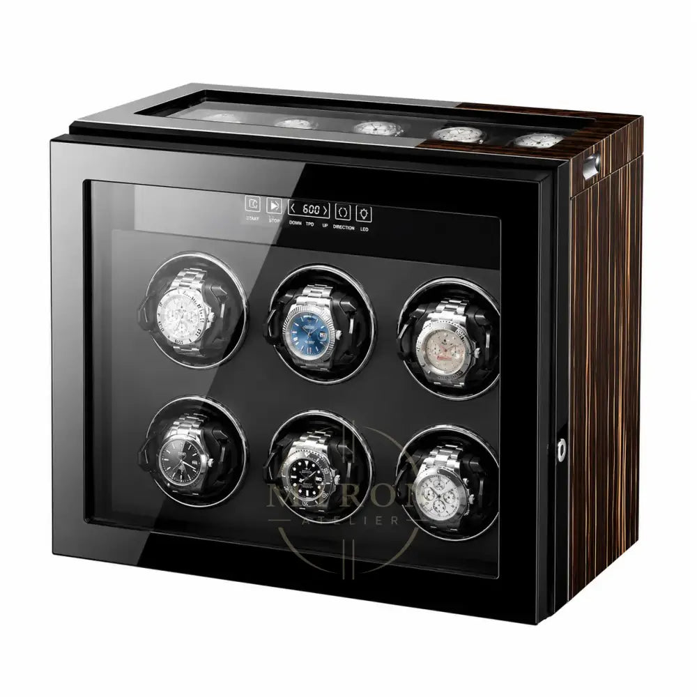 Watch winder with six watches on a white background