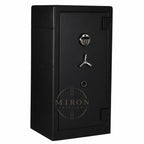 Black safe with a silver handle and lock on a white background