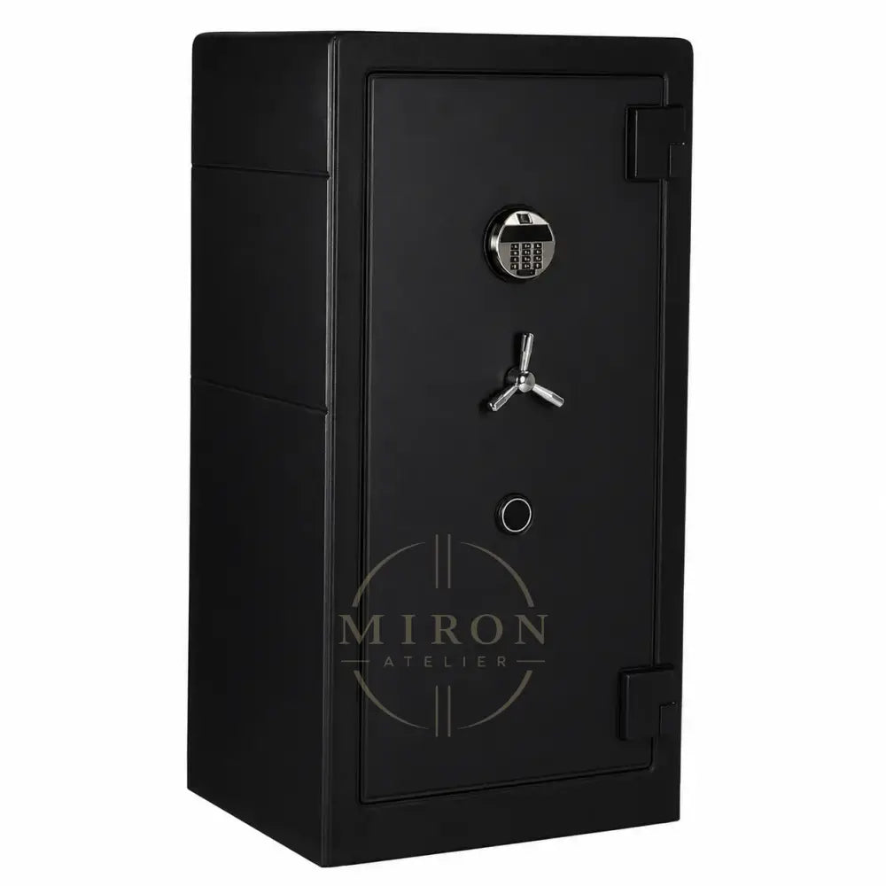 Black safe with a silver handle and lock on a white background