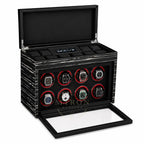 Black watch winder with multiple watches. For luxury watch collector.