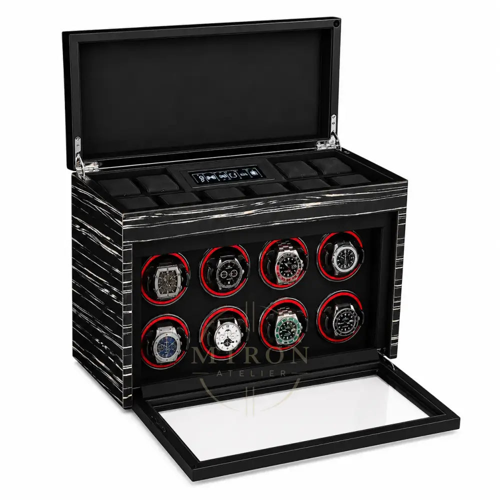 Black watch winder with multiple watches. For luxury watch collector.