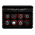 Black watch winder with eight luxury watches on a white background