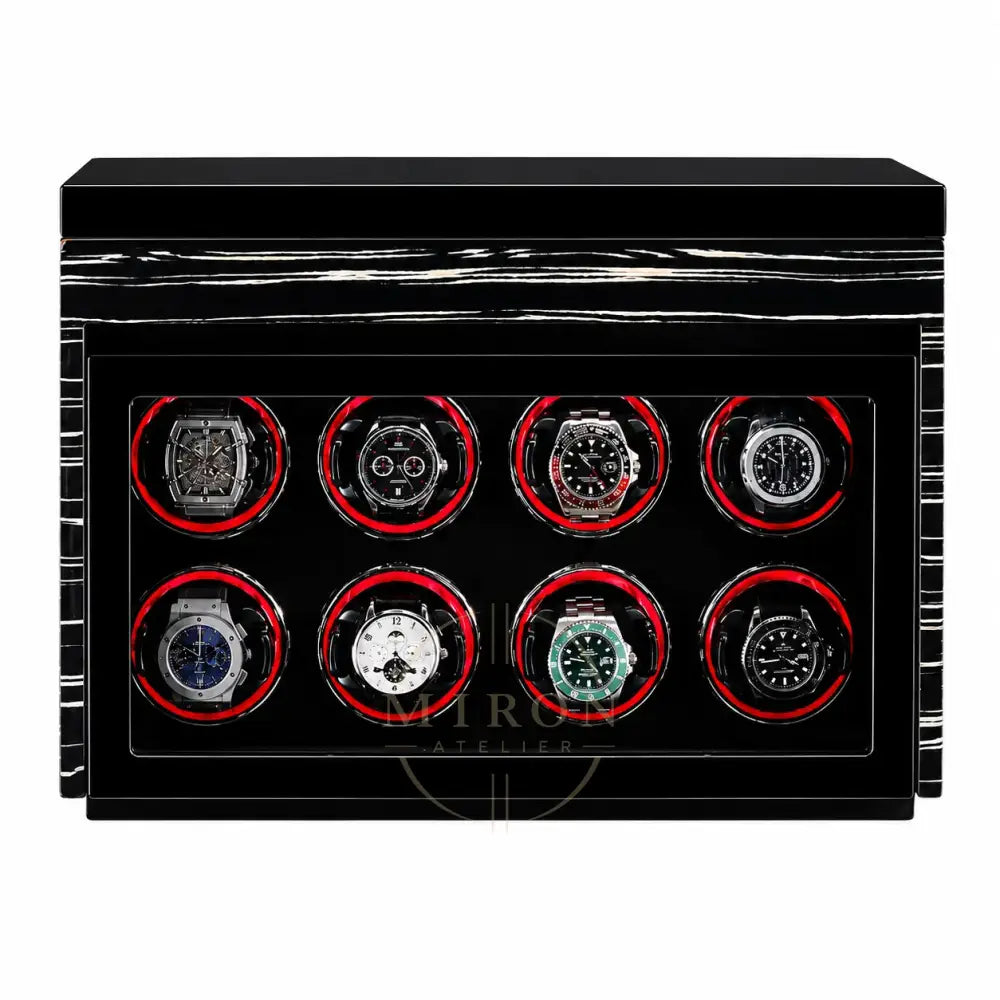 Black watch winder with eight luxury watches on a white background