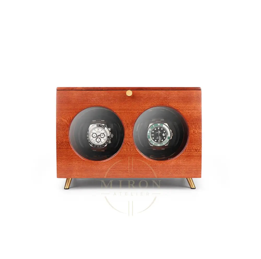 Wooden watch display case with two round glass doors on a white background