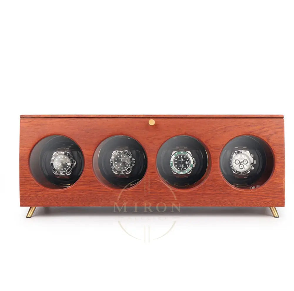 Wooden watch display case with four rolex watches on a white background