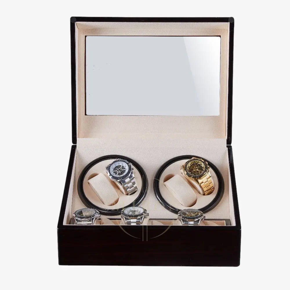 Open beige watch winder box with a lot of luxury watches inside on a white background